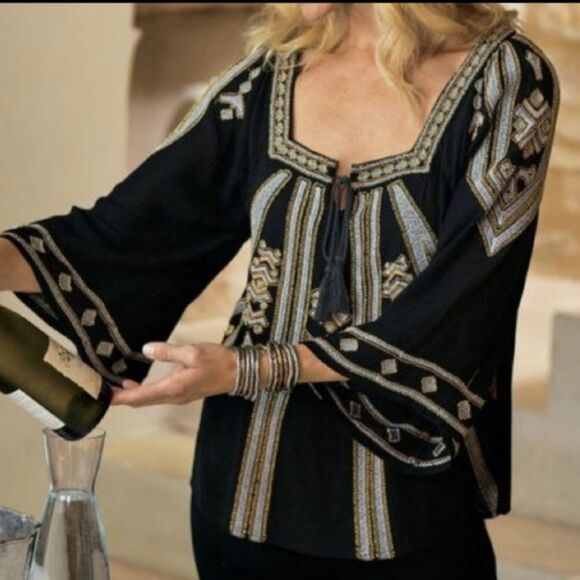 Soft Surroundings Kendra black gold  embroidered beads Peasant boho Top size S - Picture 1 of 8